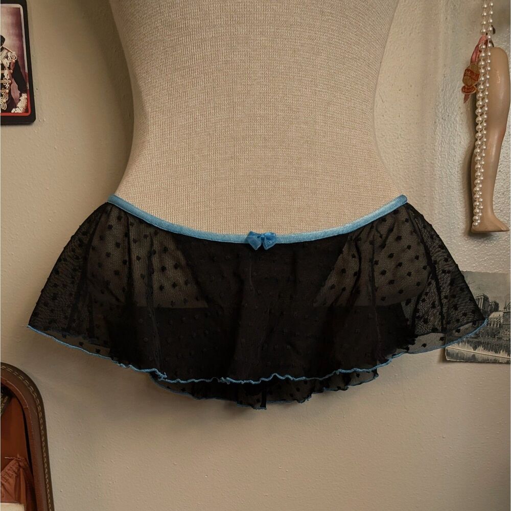 Mesh Swiss Dot Lingerie Skirt G-String Panties Women's Medium Black Blue